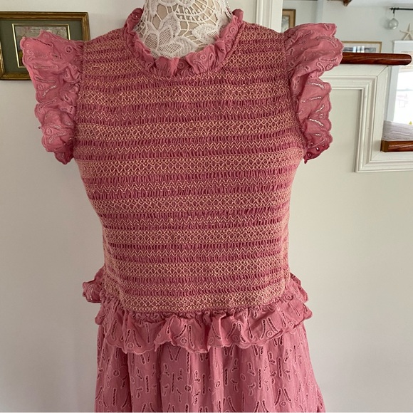 SEA NEW YORK Ingrid Smocked Ruffle Eyelet Midi Dress Sz 10 - Picture 3 of 10